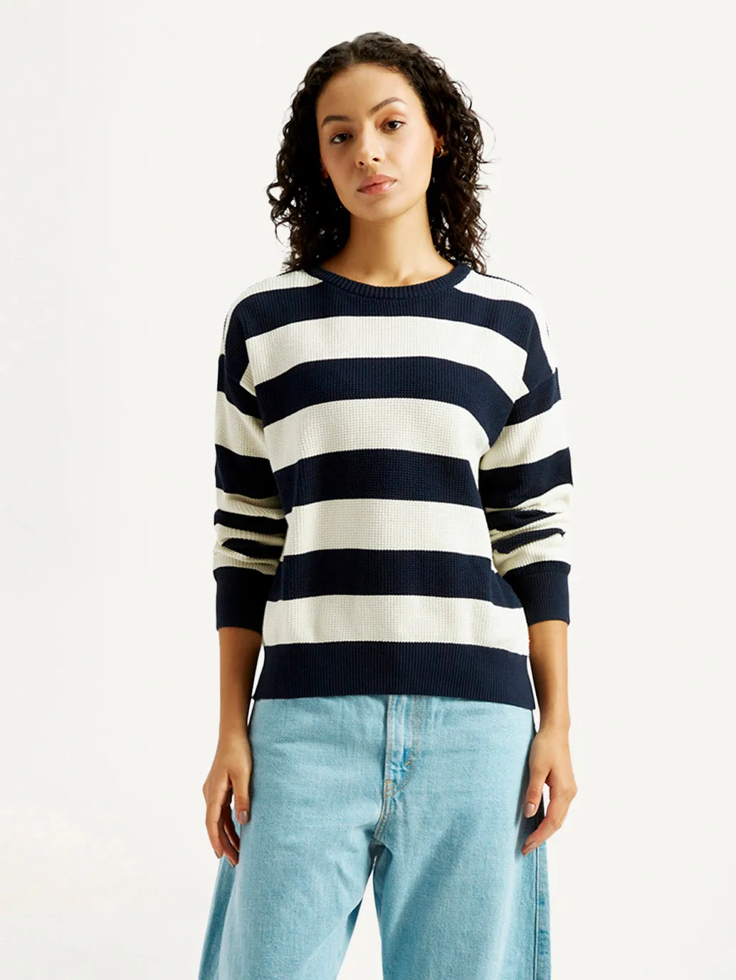 Women's Striped Navy Crew Neck Sweater Cold Casual Outfit Layered Cuff
