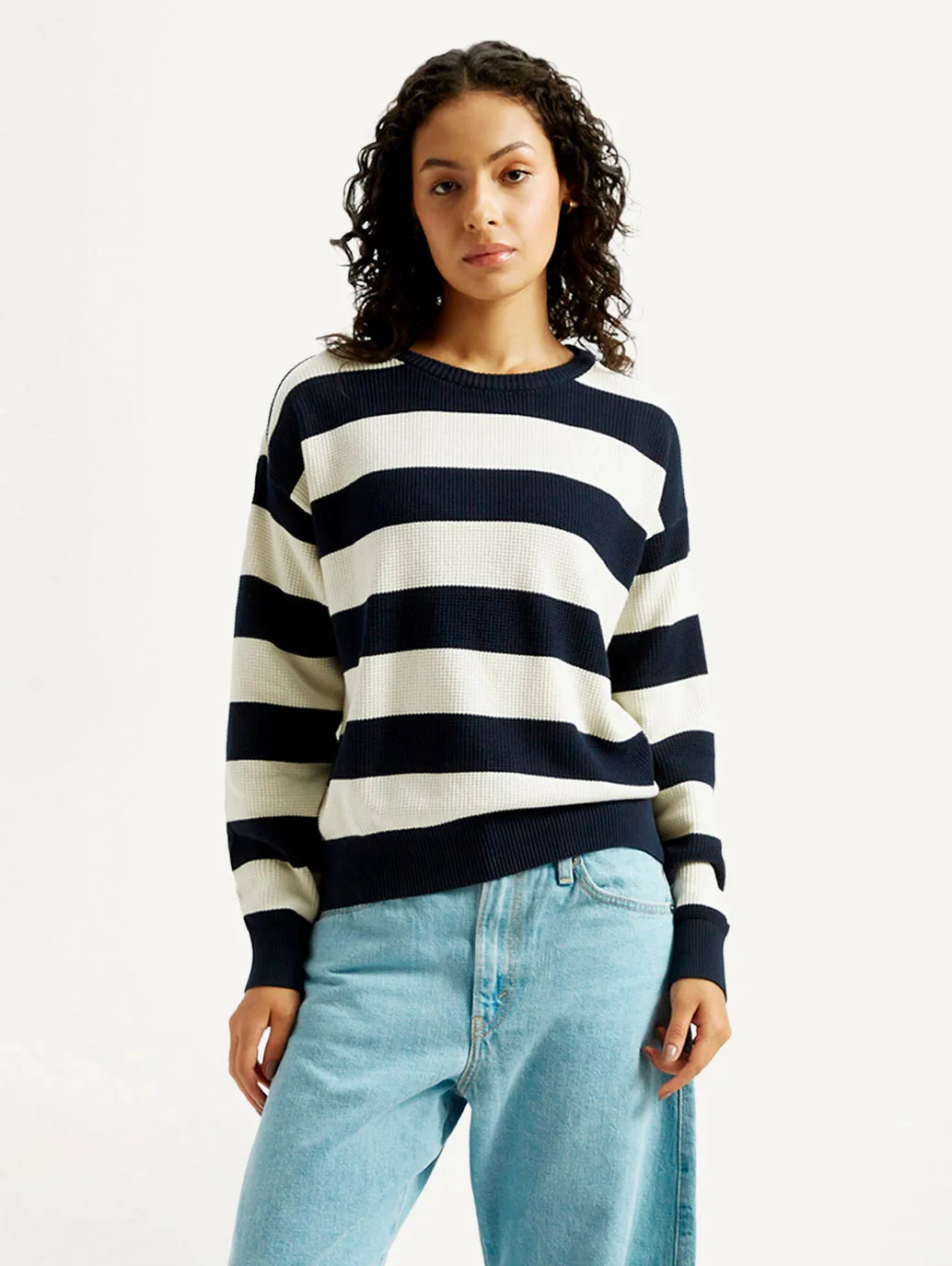 Women's Striped Navy Crew Neck Sweater Reinforced Hemline