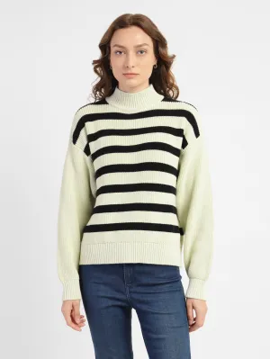 Women's Striped High Neck Sweater Airy Piece Drop Shoulder Cut