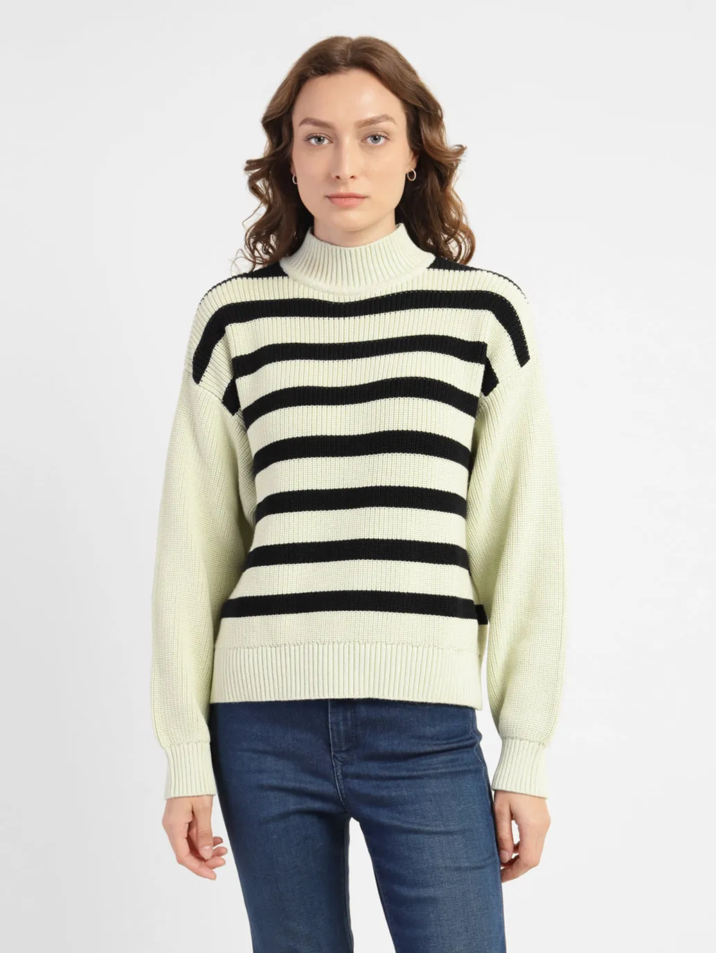 Breathable Openwork Knit Women's Striped High Neck Sweater