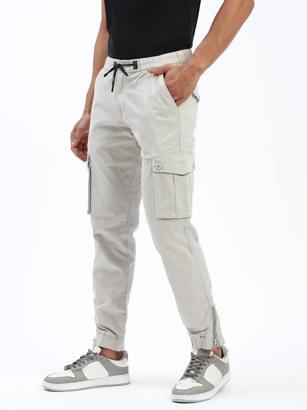 Easy Layer Durable Seams Men's Grey Cotton Comfort Slim Fit Low-Rise Joggers Trousers