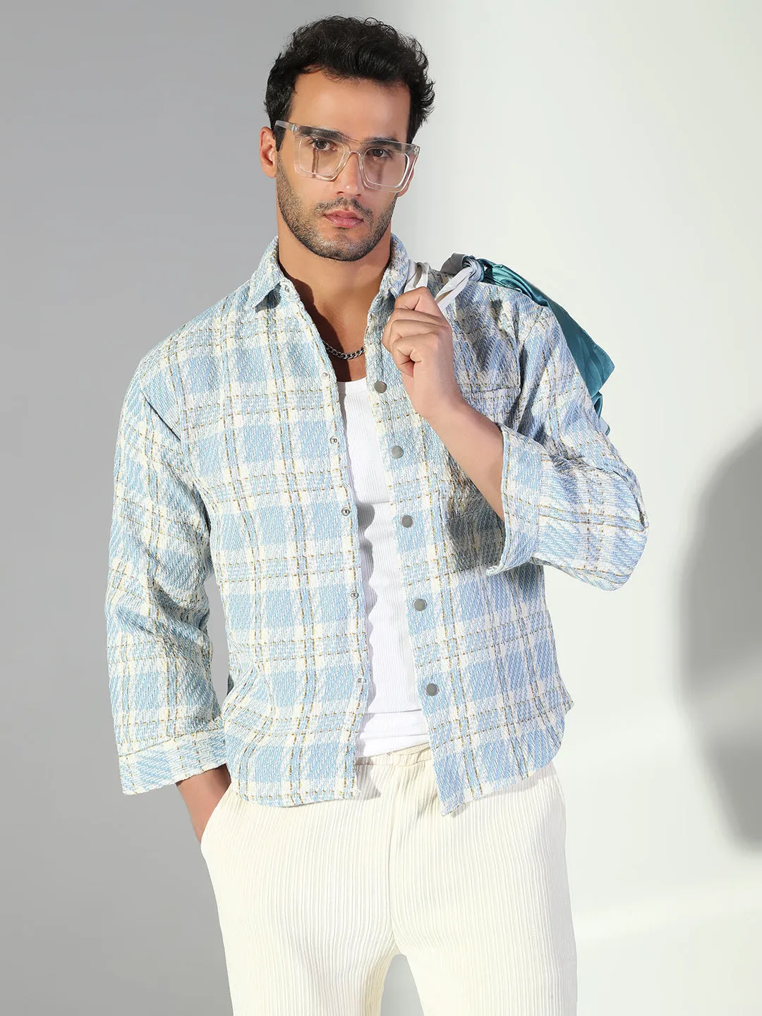 Men's Checked Blue Shacket Sporty Vibe Breathable Layer Fit