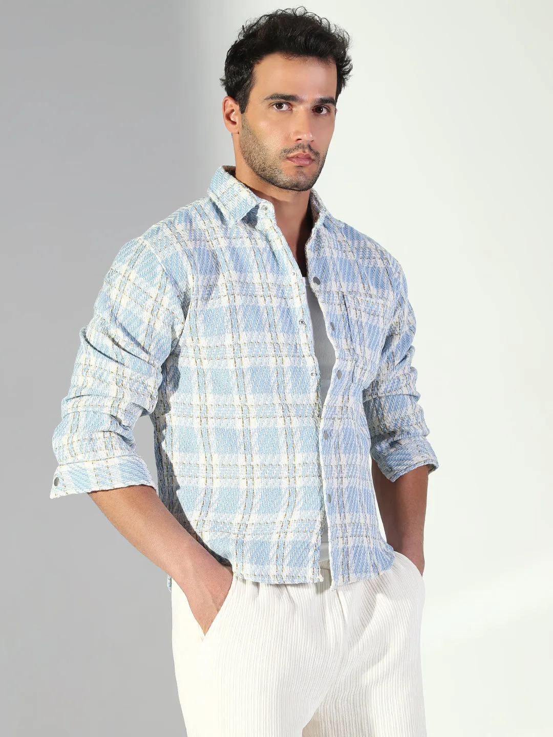 Men's Checked Blue Shacket Anti Pill Surface
