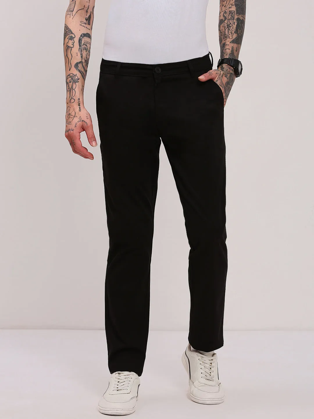 Casual Comfort Fit Perfect Design Men's Black Solid Slim Fit Low-Rise Trousers