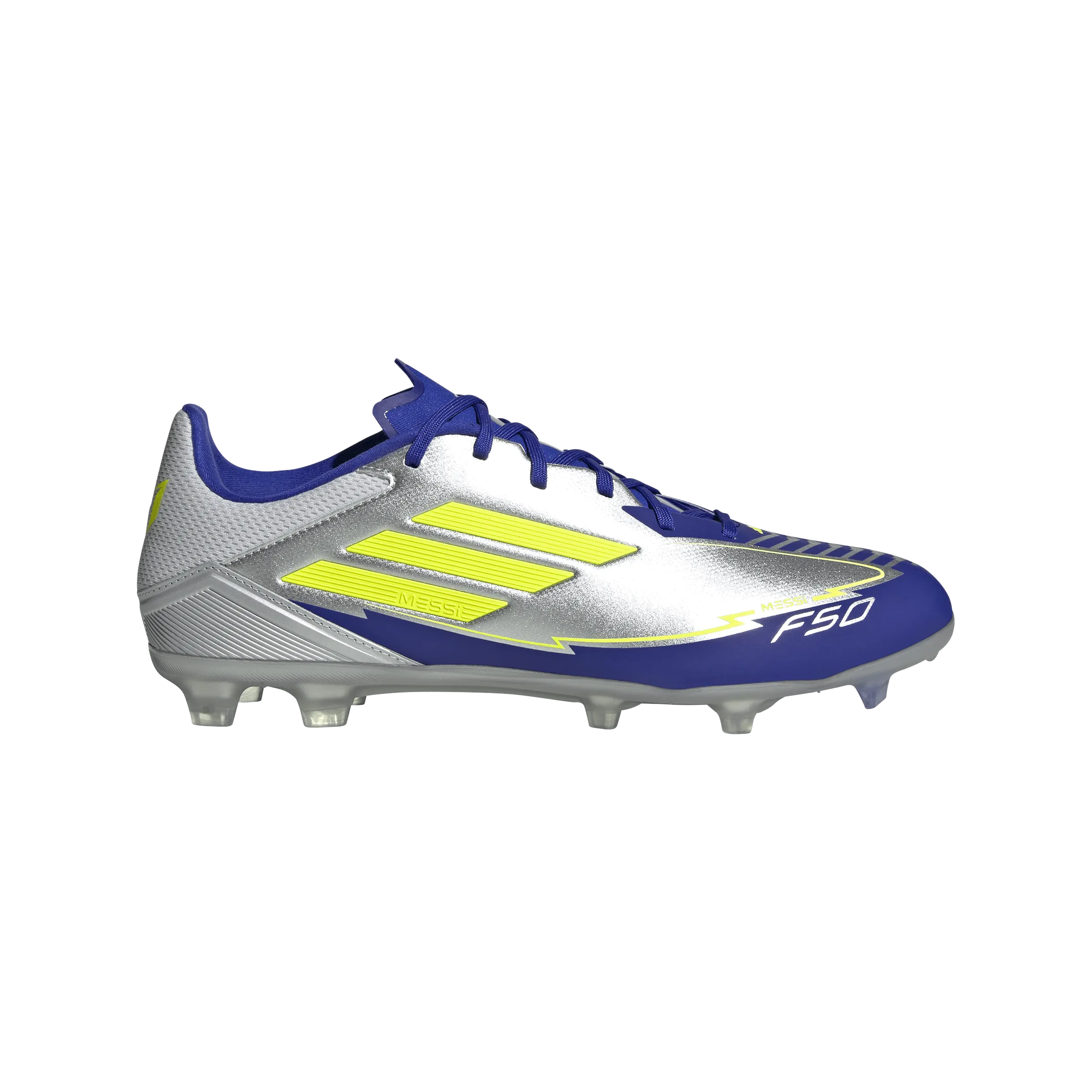 Ankle Lock System Injury prevention adidas F50 LEAGUE MESSI Firm/Multi-Ground Cleats | Silver Metallic-Solar Yellow-Lucid Blue | Men's