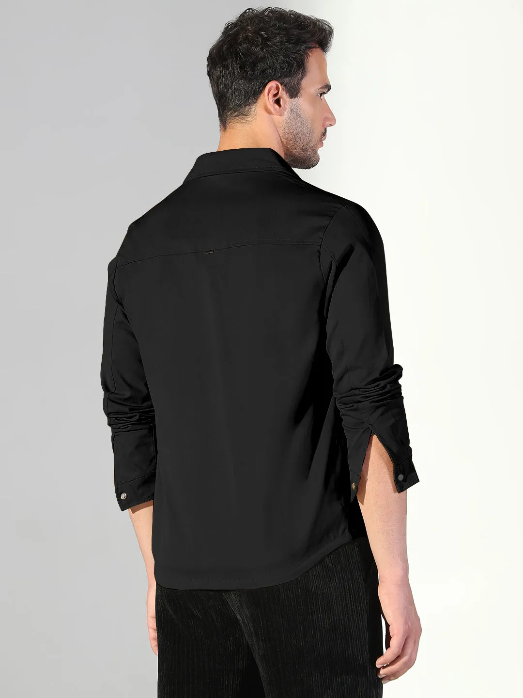 Men's Black Snap Button Regular Fit Shacket Travel Ready Biodegradable Options