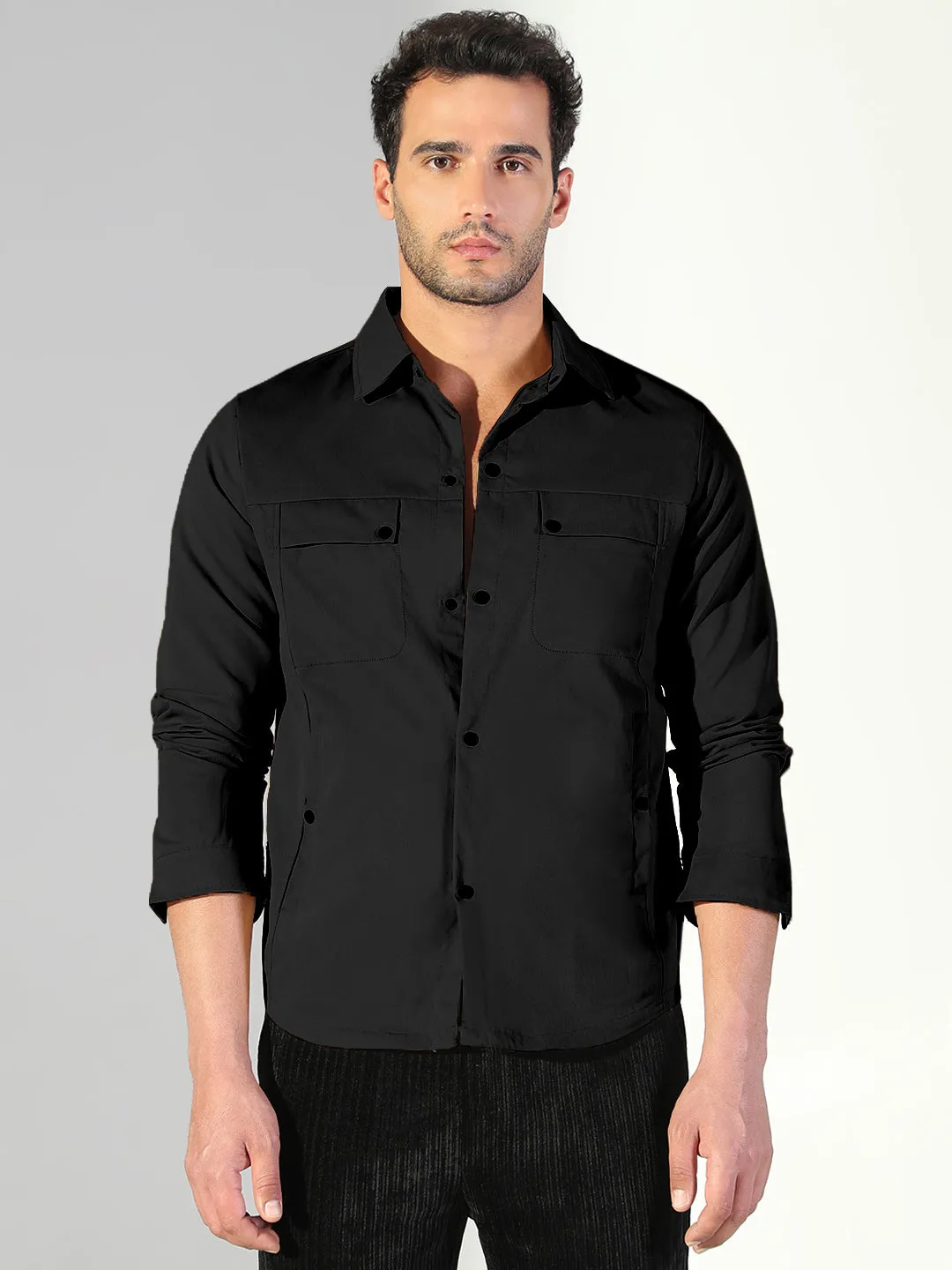 Non Irritating Collar Bright Color Men's Black Snap Button Regular Fit Shacket