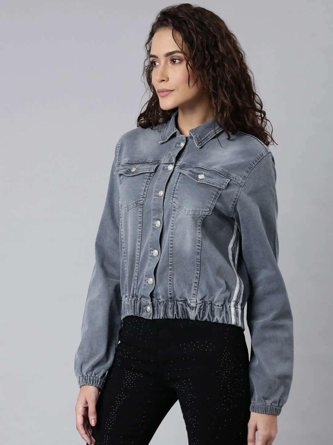 Women's Grey Shirt Collar Denim Jacket Flame retardant