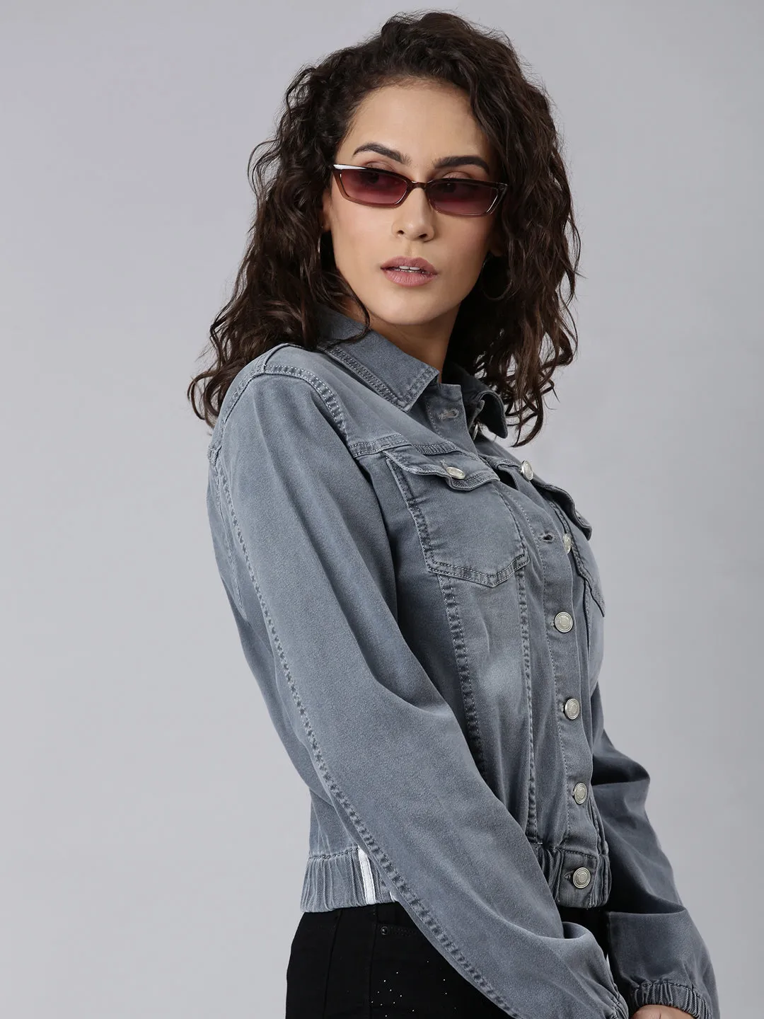AbrasionResistant Detachable Hood Women's Grey Shirt Collar Denim Jacket