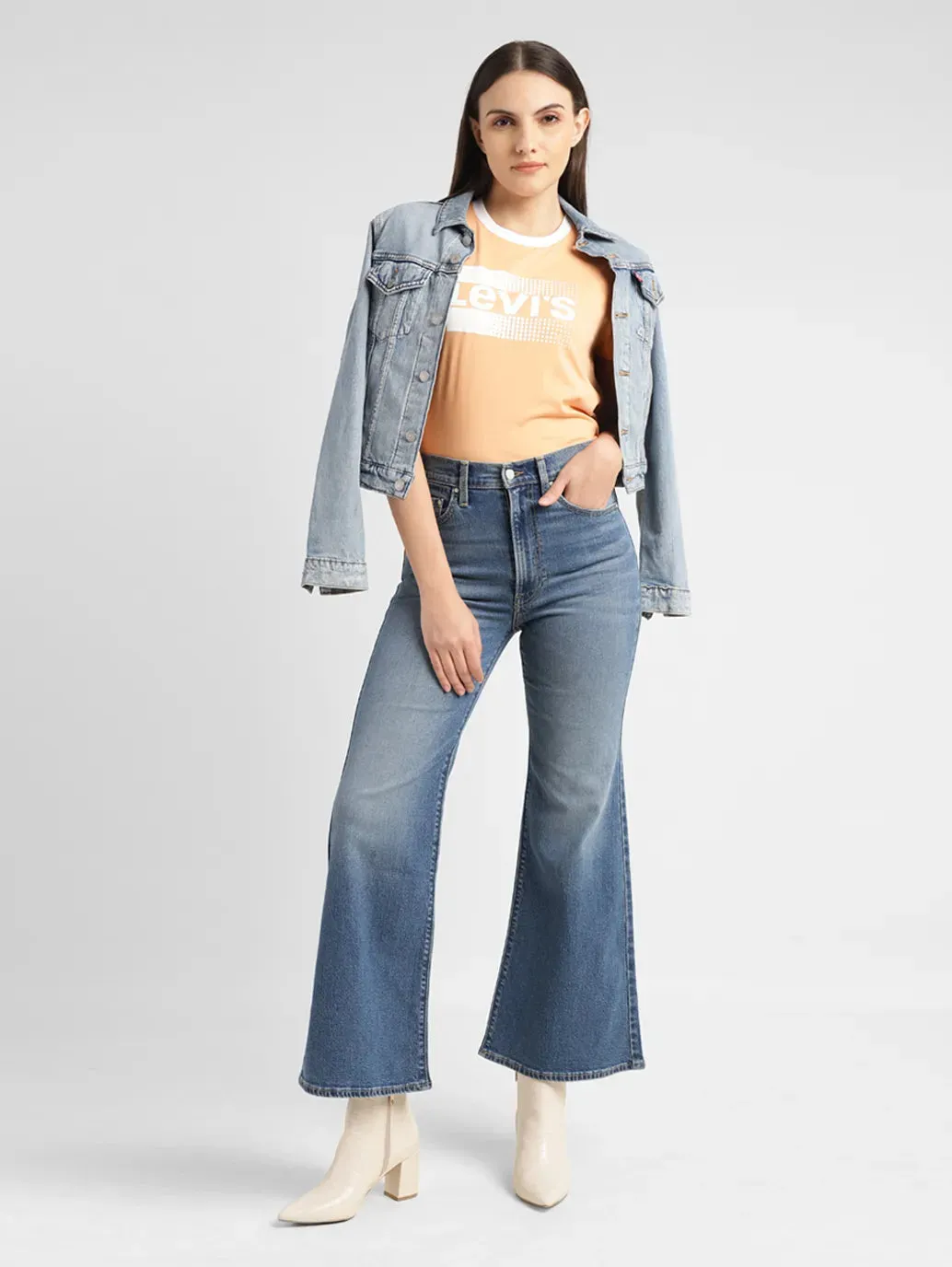 Versatile Fit Women's Blue Ribcage Bell Bottom Wide Leg Fit High Rise Jeans