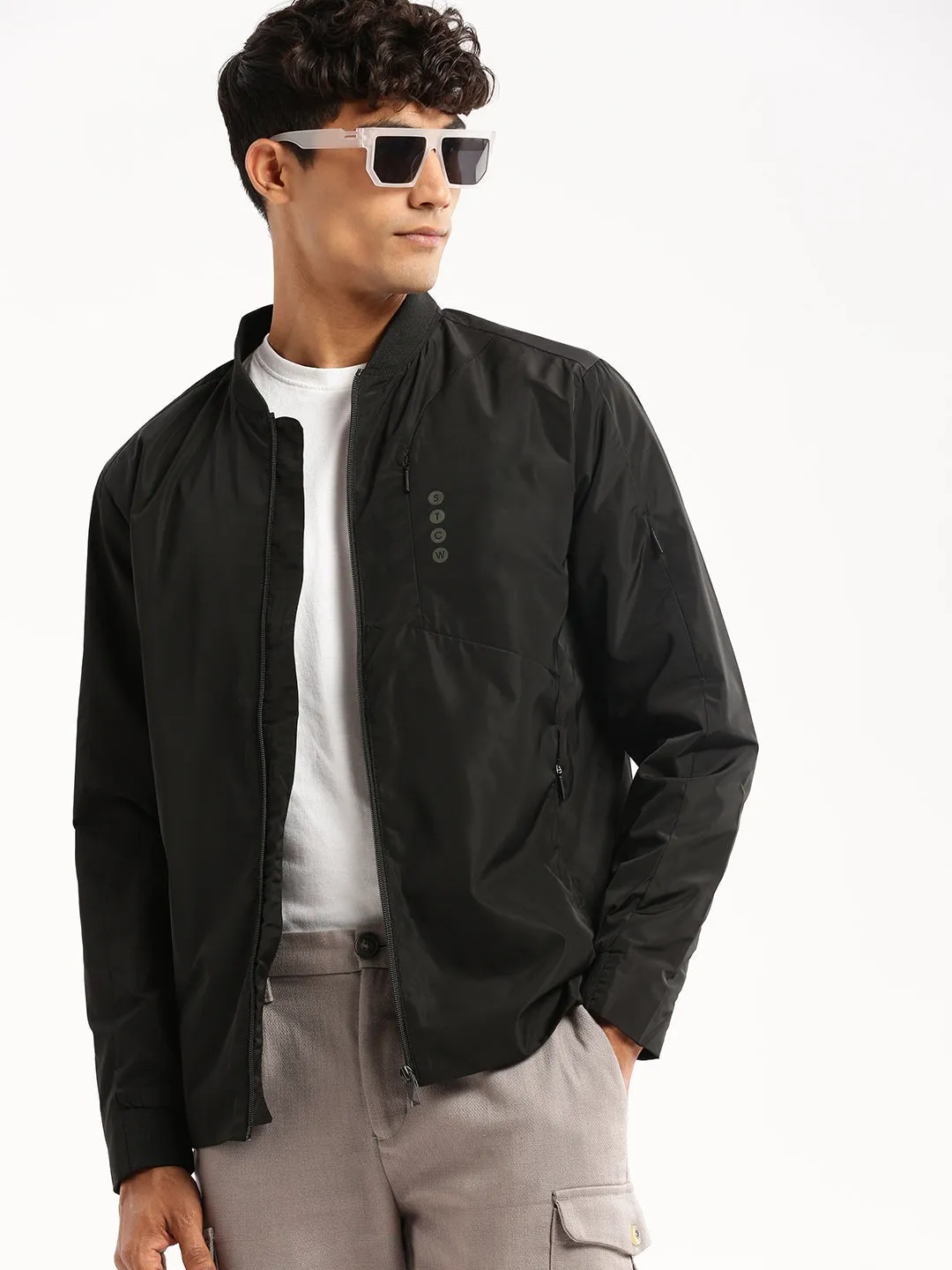 Men's Black Stand Collar Taslon Slim Fit Bomber Jacket Packable design