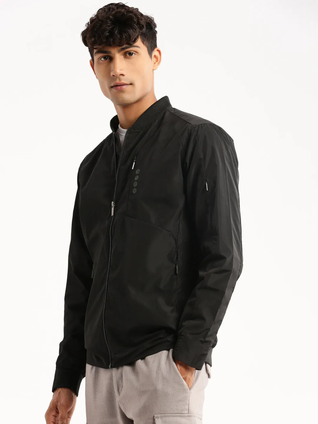 Men's Black Stand Collar Taslon Slim Fit Bomber Jacket All Occasion Windproof Closure