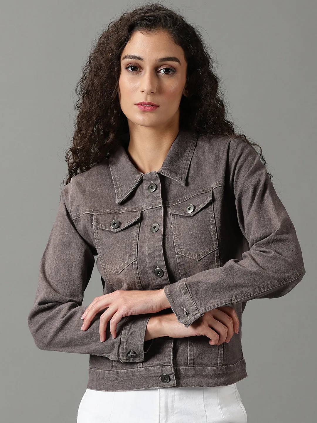 Seamless Street Fit Taped Seam Construction Women's Taupe Washed Crop Denim Jacket