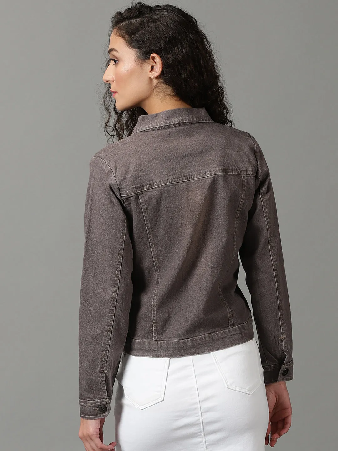 Ventilated Panels Women's Taupe Washed Crop Denim Jacket