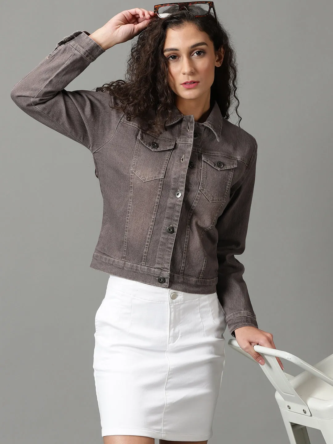 Women's Taupe Washed Crop Denim Jacket Modern Street Trail To Town