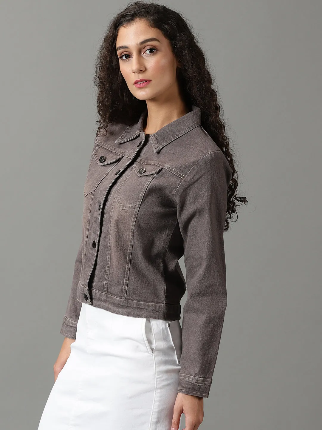 Multi Purpose Layer RubberizedButtonClosures Women's Taupe Washed Crop Denim Jacket