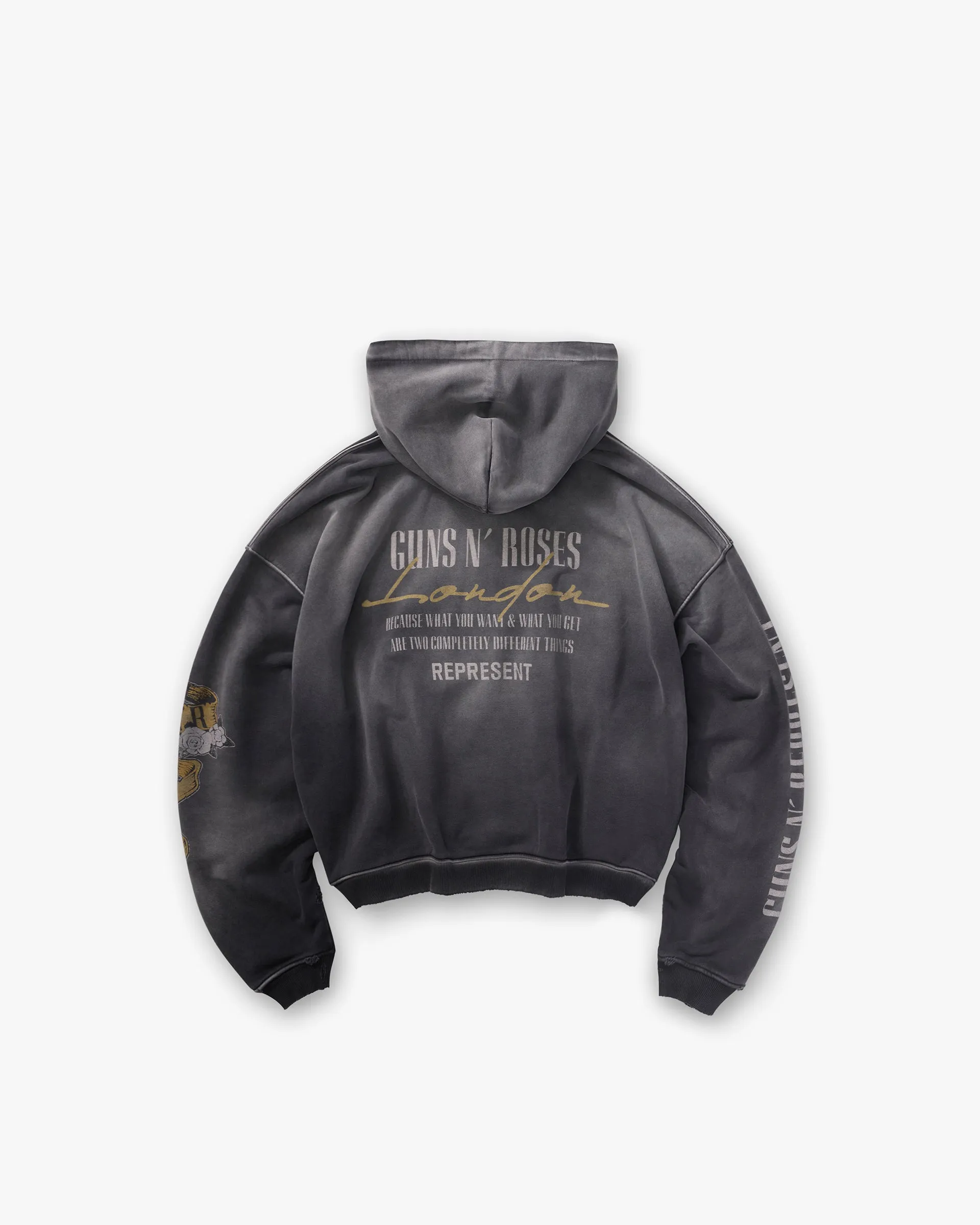 Represent X Guns N' Roses Cross Zip Through Hoodie - Stained Black Travel Active