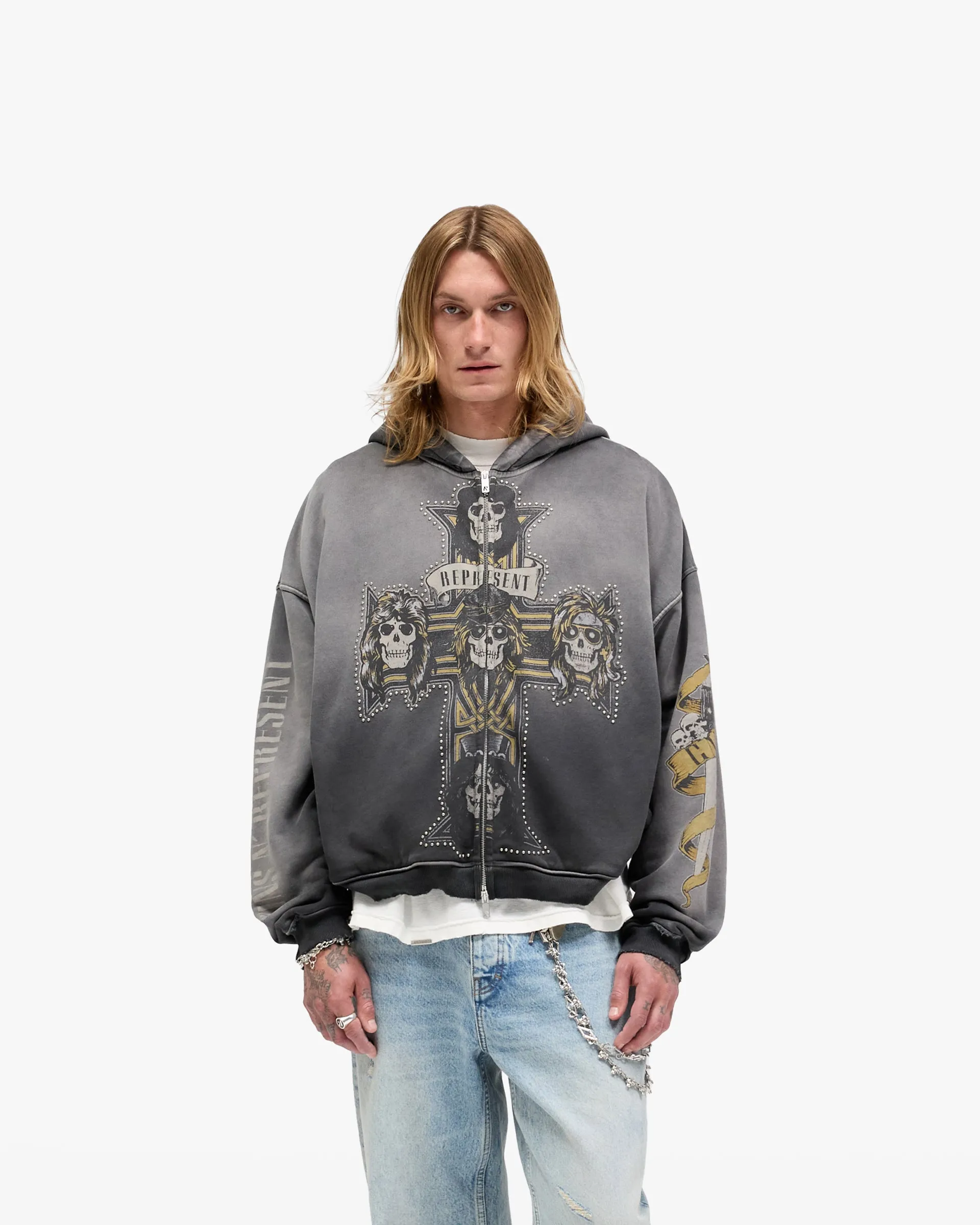 Men's Casual Represent X Guns N' Roses Cross Zip Through Hoodie - Stained Black