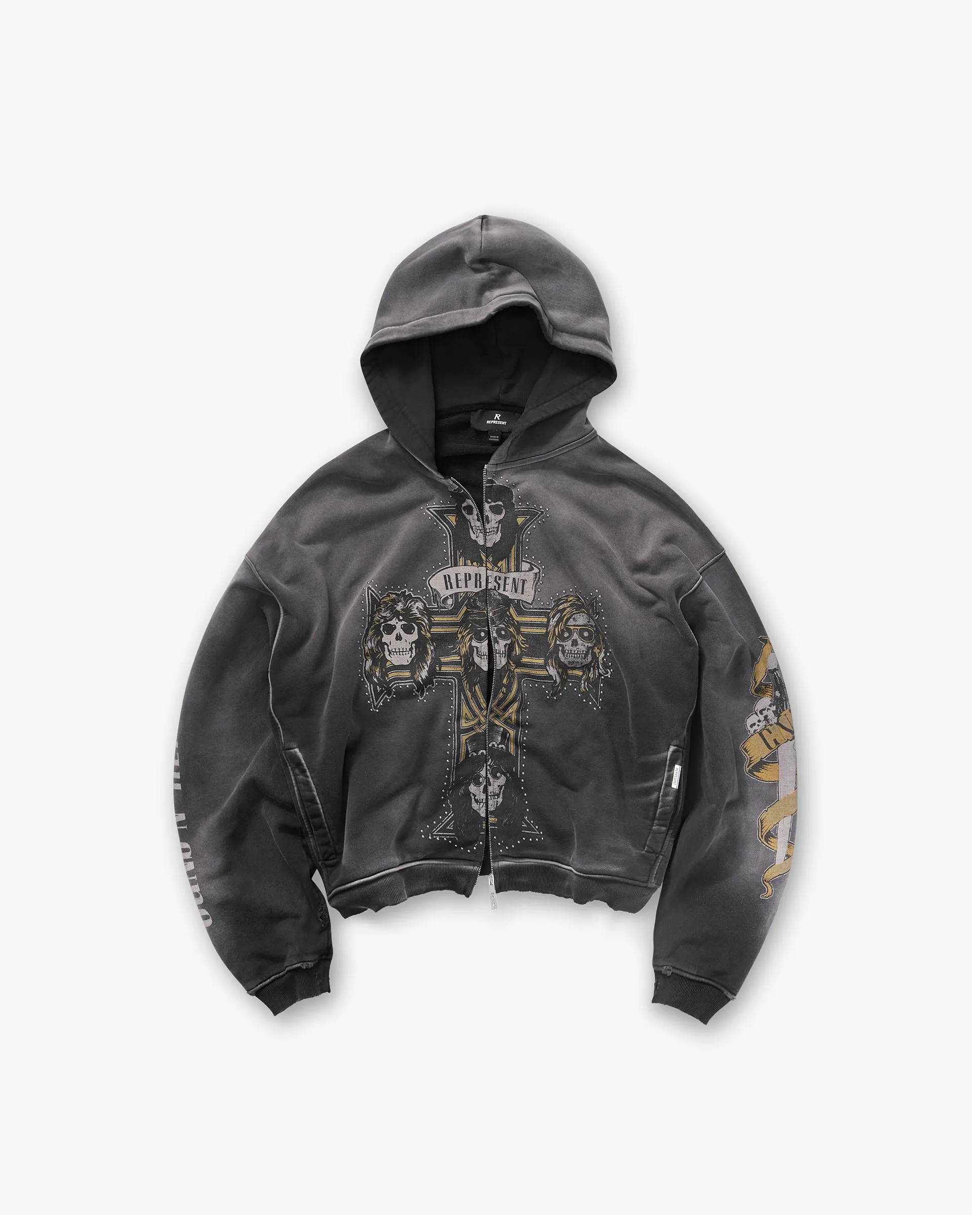 Seasonal Fashion side pocket Represent X Guns N' Roses Cross Zip Through Hoodie - Stained Black