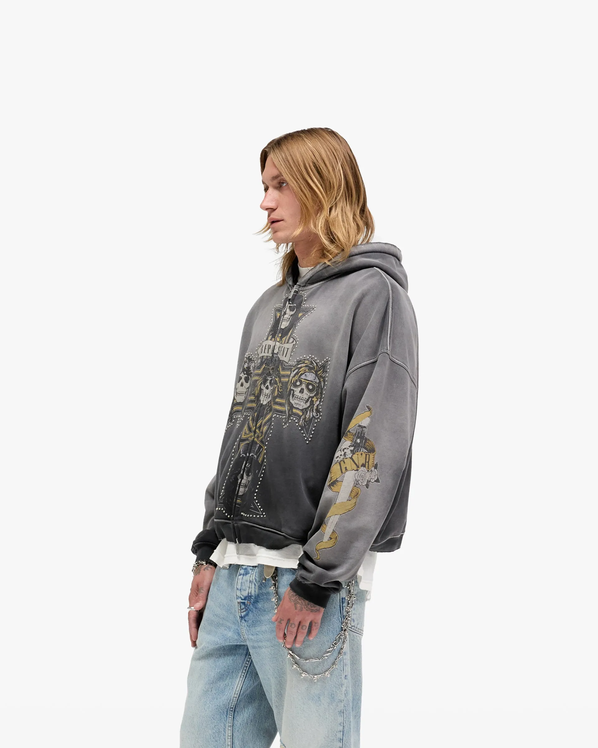 Represent X Guns N' Roses Cross Zip Through Hoodie - Stained Black pearl accents