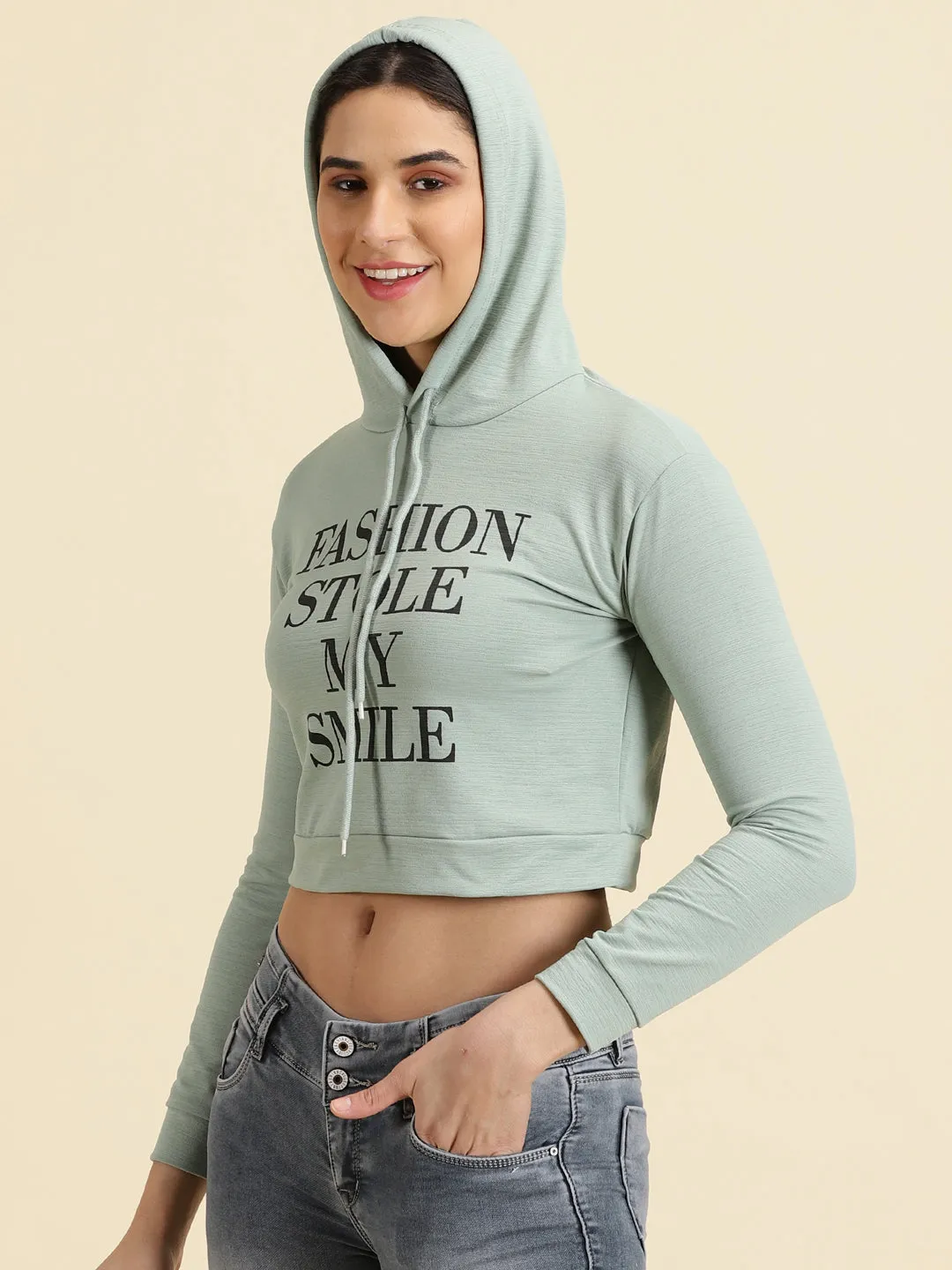 Women's Sea Green Typography Printed Hooded Neck Cotton Sweatshirt Daily Sporty product exchange policy