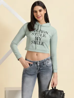 Women's Sea Green Typography Printed Hooded Neck Cotton Sweatshirt Daily Use Classic Minimal