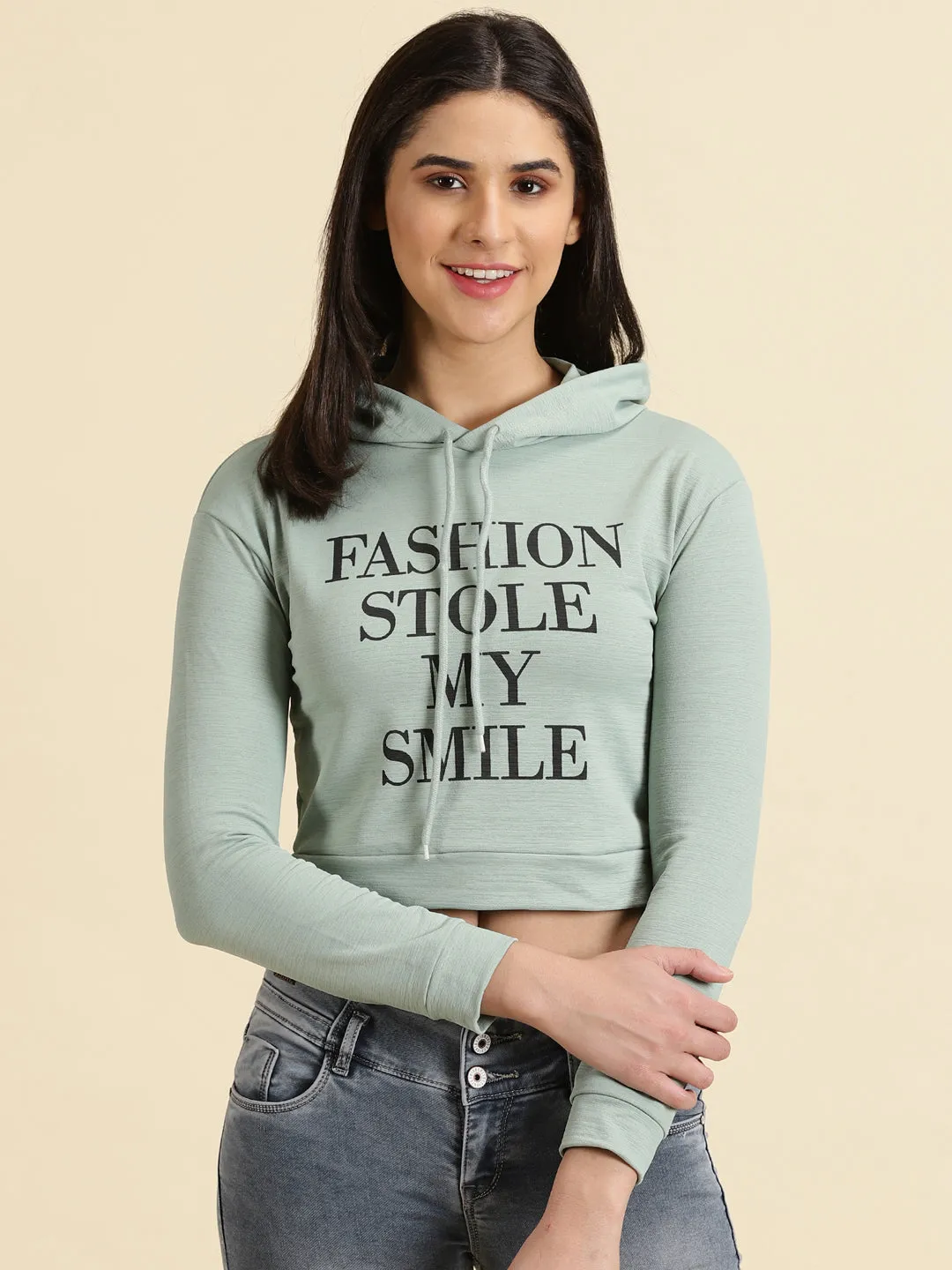 Women's Sea Green Typography Printed Hooded Neck Cotton Sweatshirt Light Jacket Basic Wear