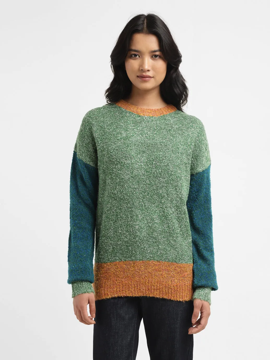 Stretch Knit Backing Wearable Basic Women's Colorblock Green Crew Neck Sweater