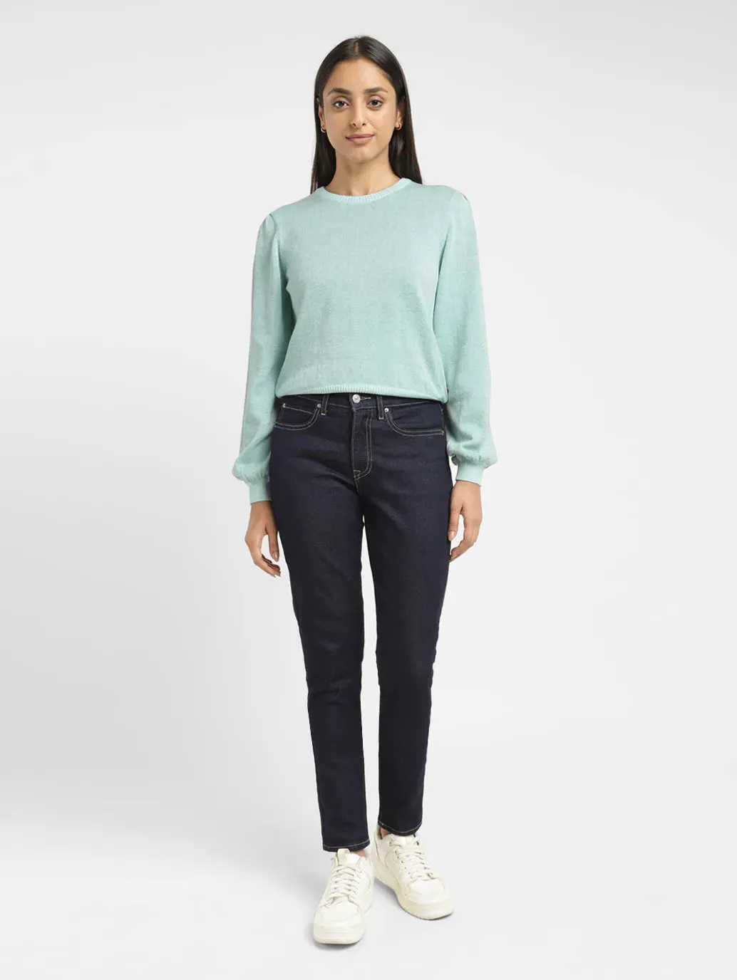 Women's Solid Blue Crew Neck Sweater Organic Cotton Blend Stay Warm