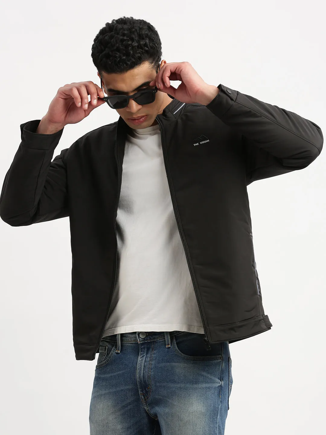 Layered Cuff System Men's Mock Collar Black Casual Bomber Jacket