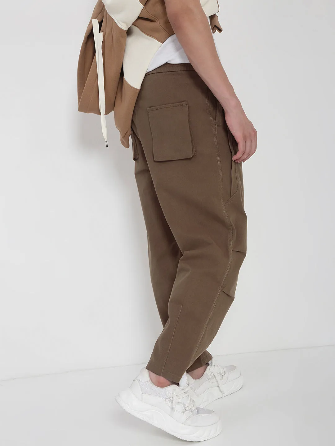 tech fabric Men's Cotton Brown Relaxed Fit Trousers