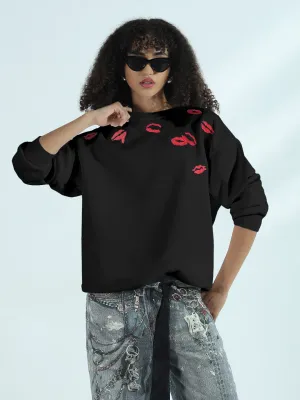 Women's Black Oversized Round Neck Sweatshirt with Kiss Marks Hiking Essential