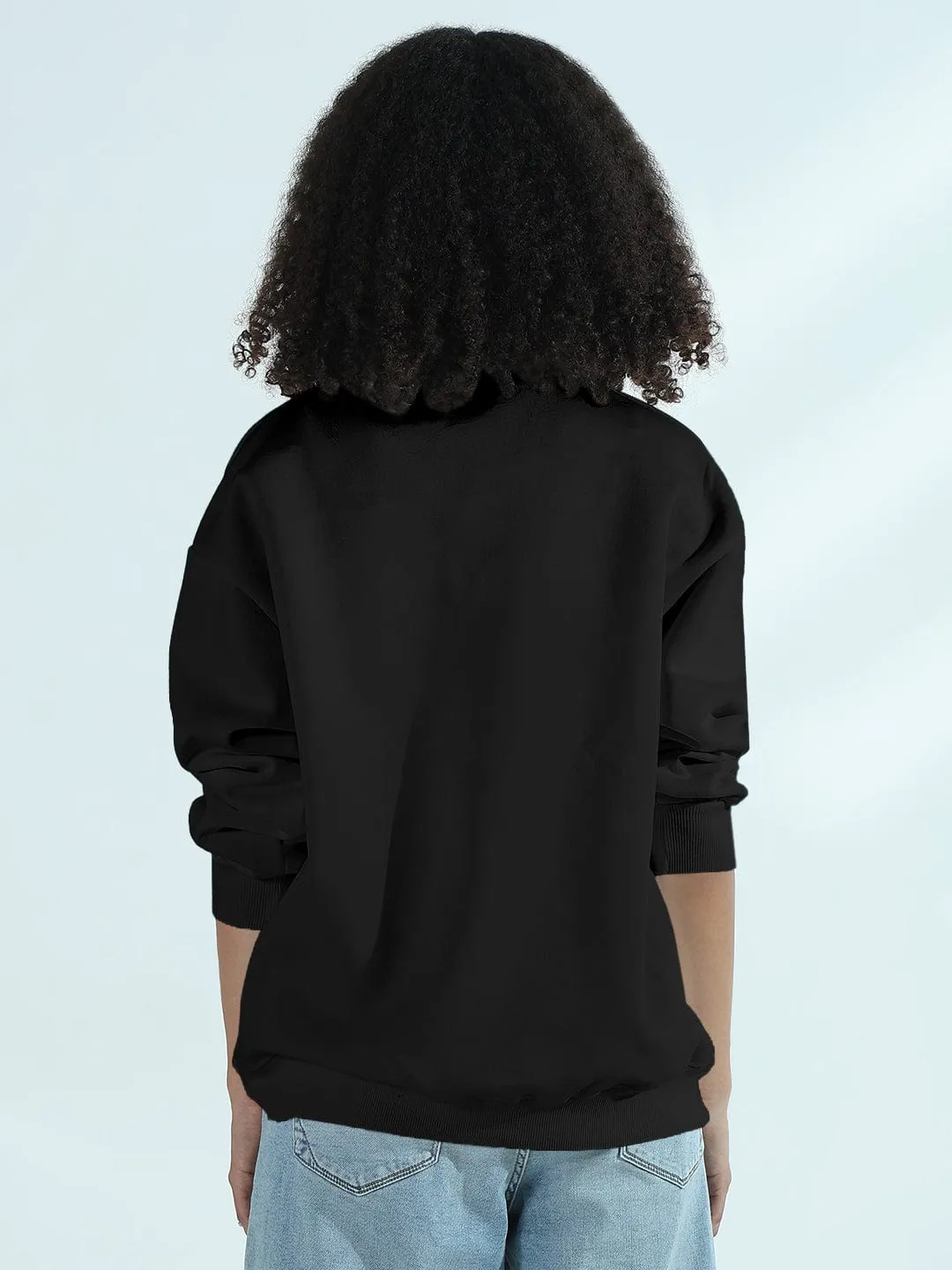 Women's Black Oversized Round Neck Sweatshirt with Kiss Marks Stylish Wear