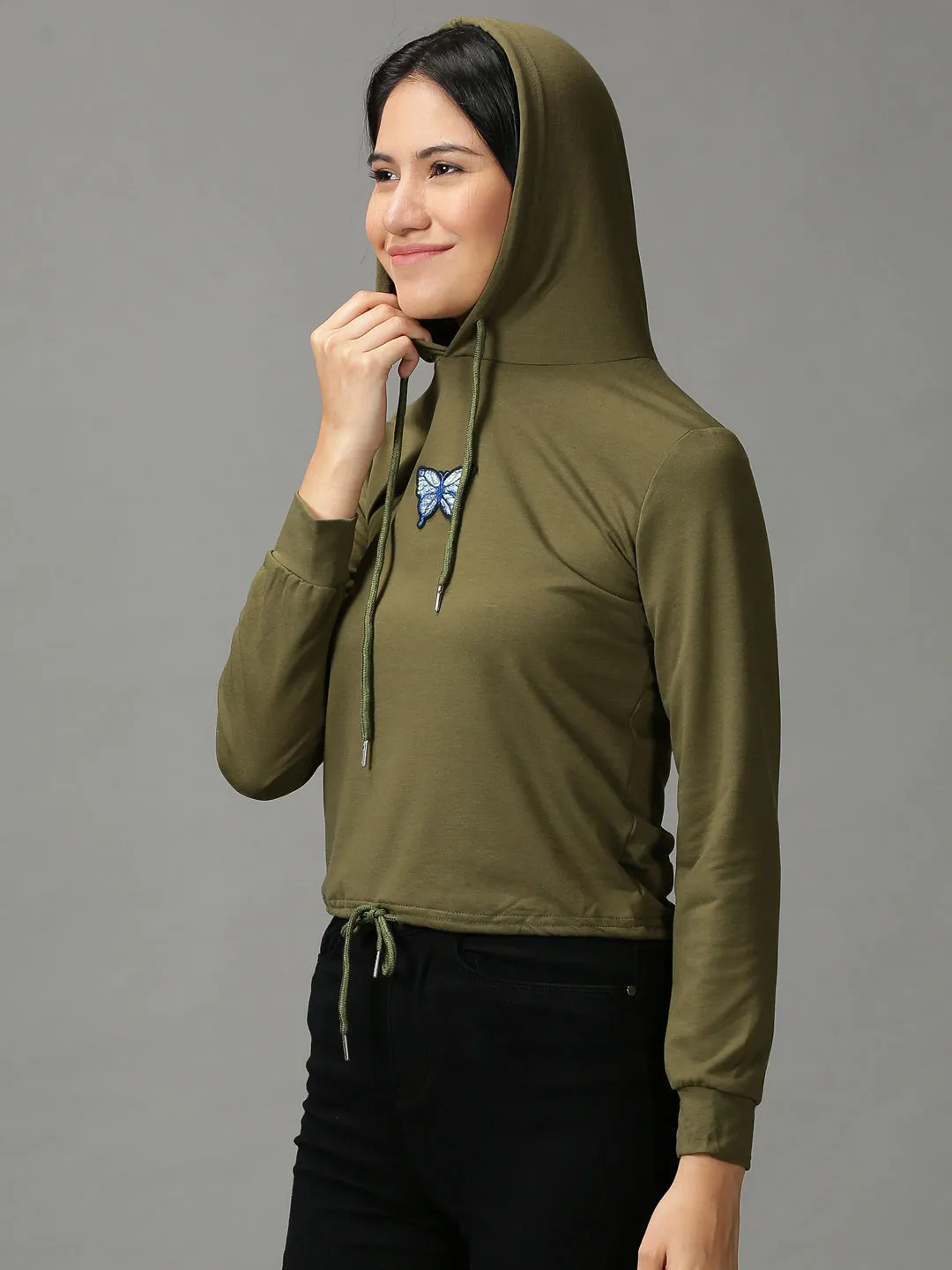 Cuffed Sleeves Women's Olive Applique Detailed Hooded Pullover Sweatshirt