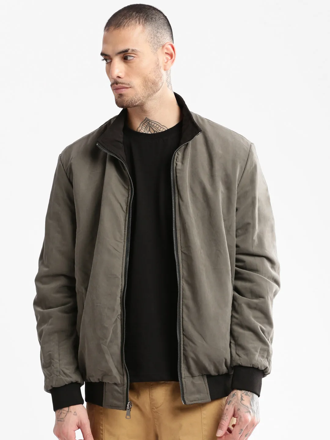 Men's Mandarin Collar Olive Solid Bomber Over sized Reversible Jacket Flexible Hood Design Belted Style