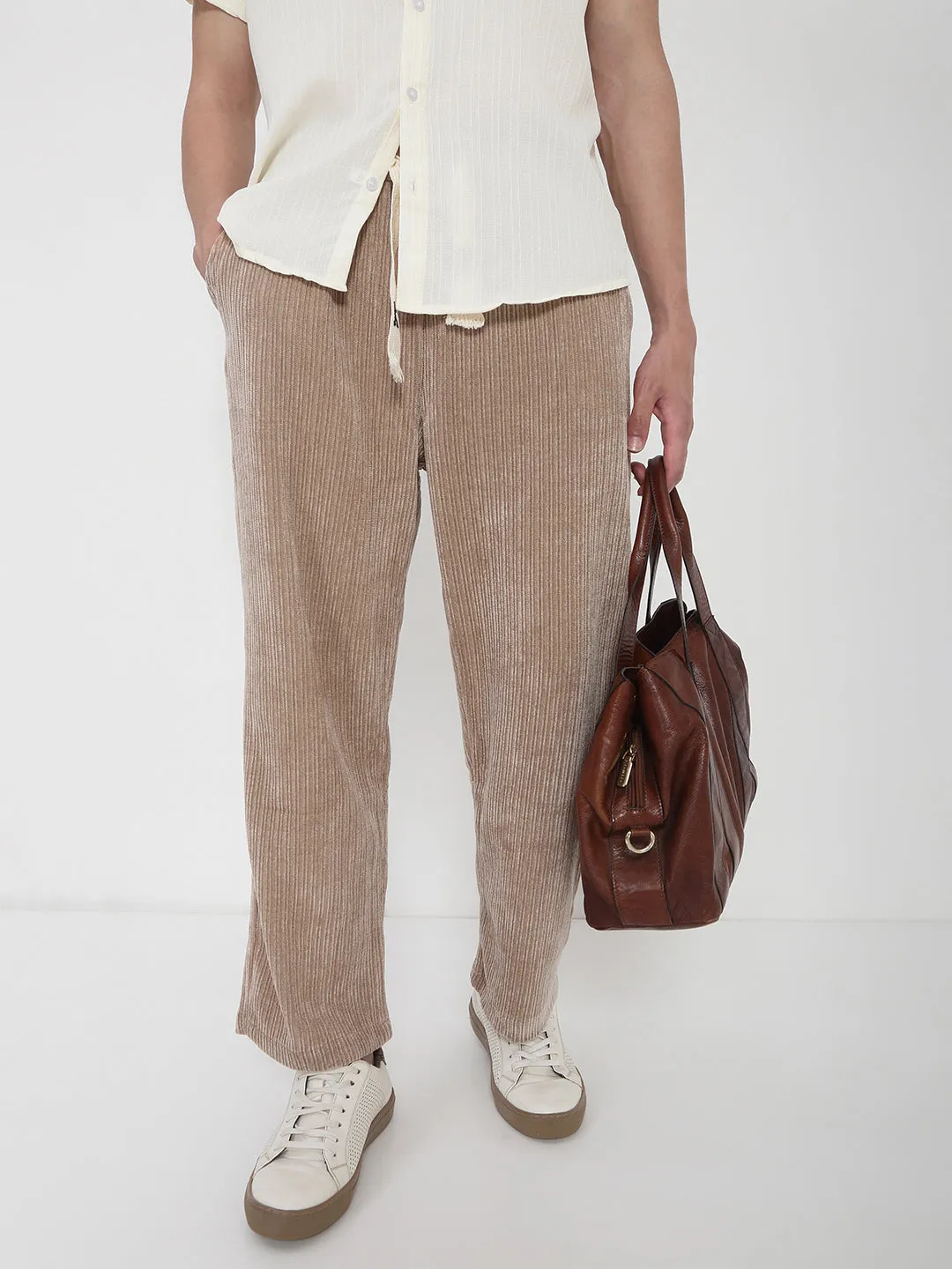 Active Comfort Fit Men's Peach Corduroy Straight Fit Trousers