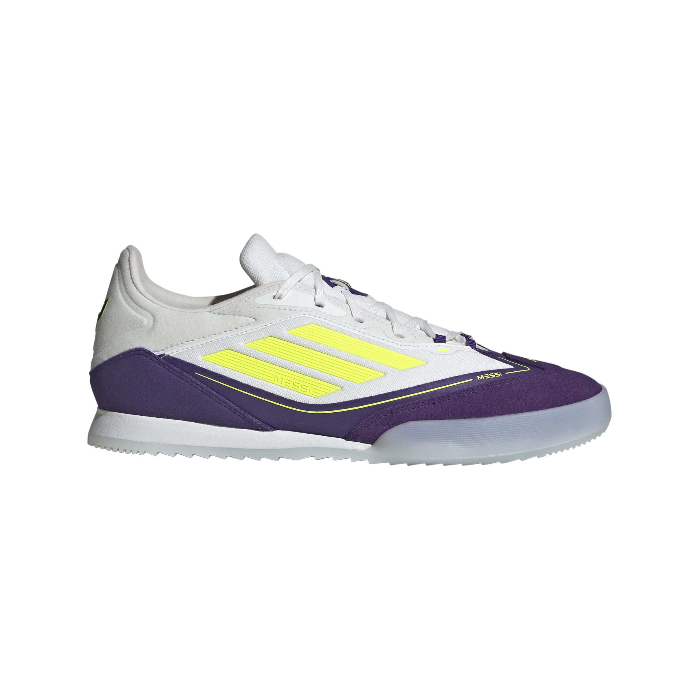 adidas F50 Messi Freestyle Indoor Soccer Shoes | Cloud White-Lucid Lemon-Purple | Men's Thermal Regulation Lining