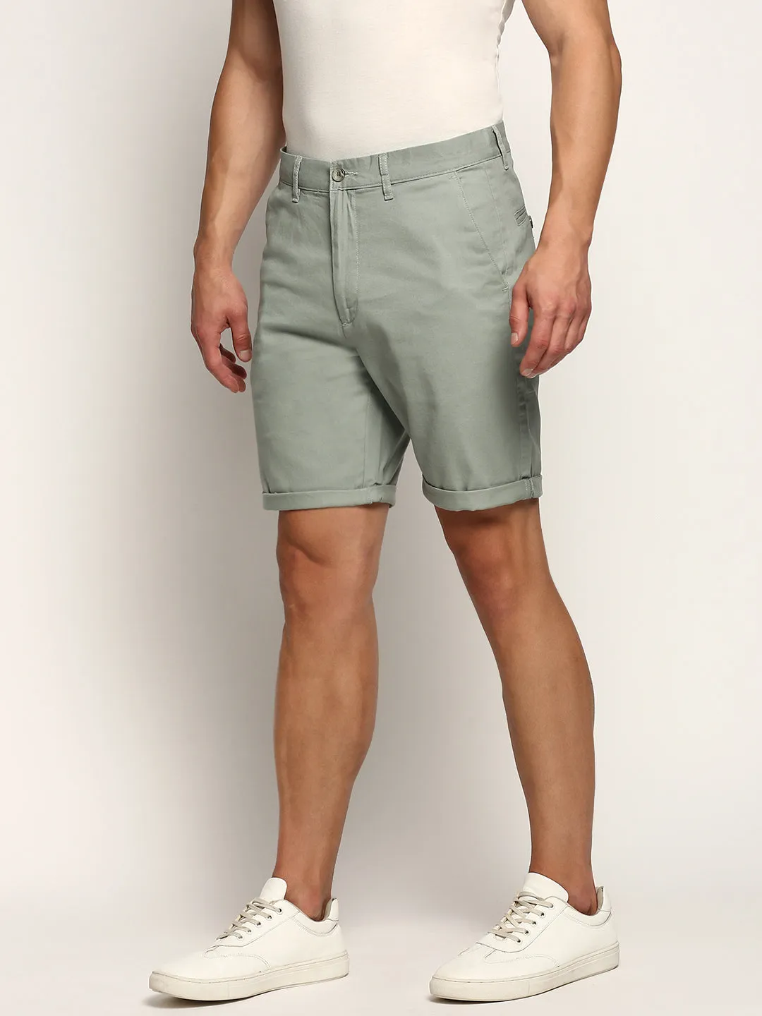Men's Sea Green Regular Fit Mid-Rise Cotton Shorts wrinkle - resistant