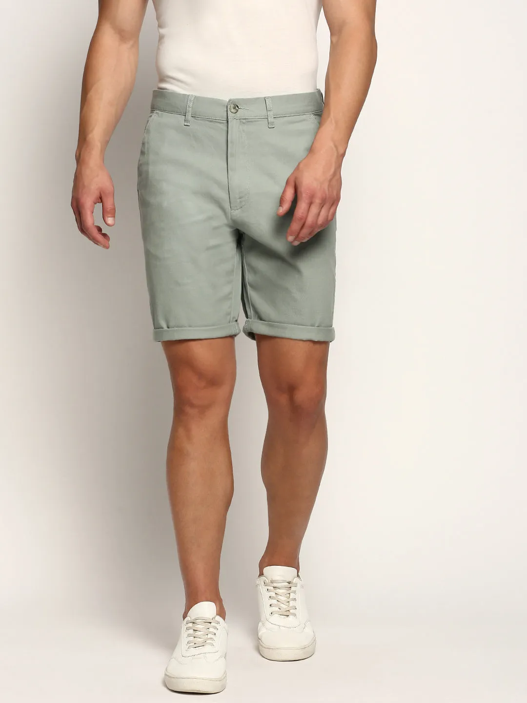 Men's Sea Green Regular Fit Mid-Rise Cotton Shorts Reflective Safety Detailing