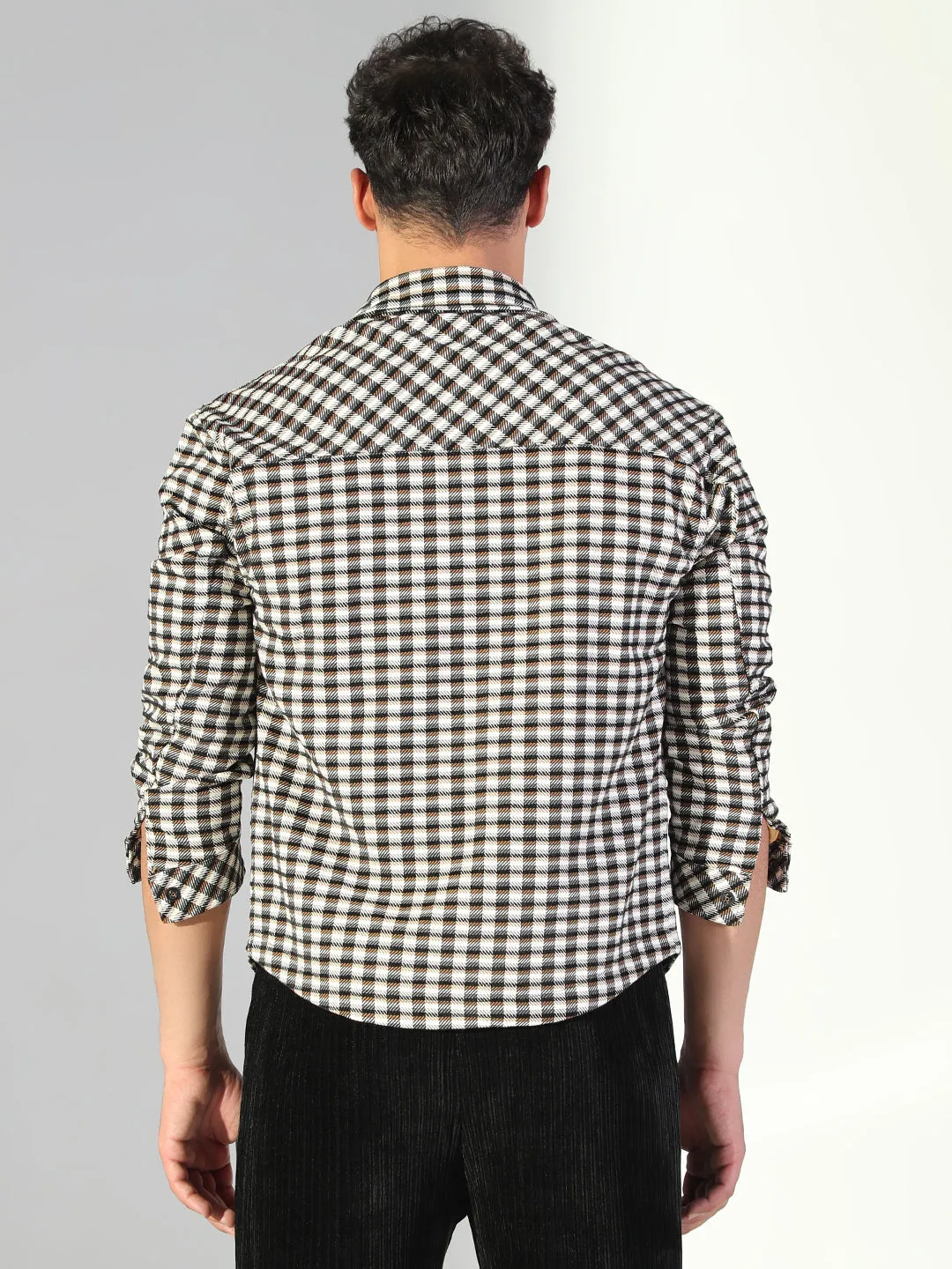 Everyday Wearable Versatile Option Men's Checked Brown Shacket with Single Pocket