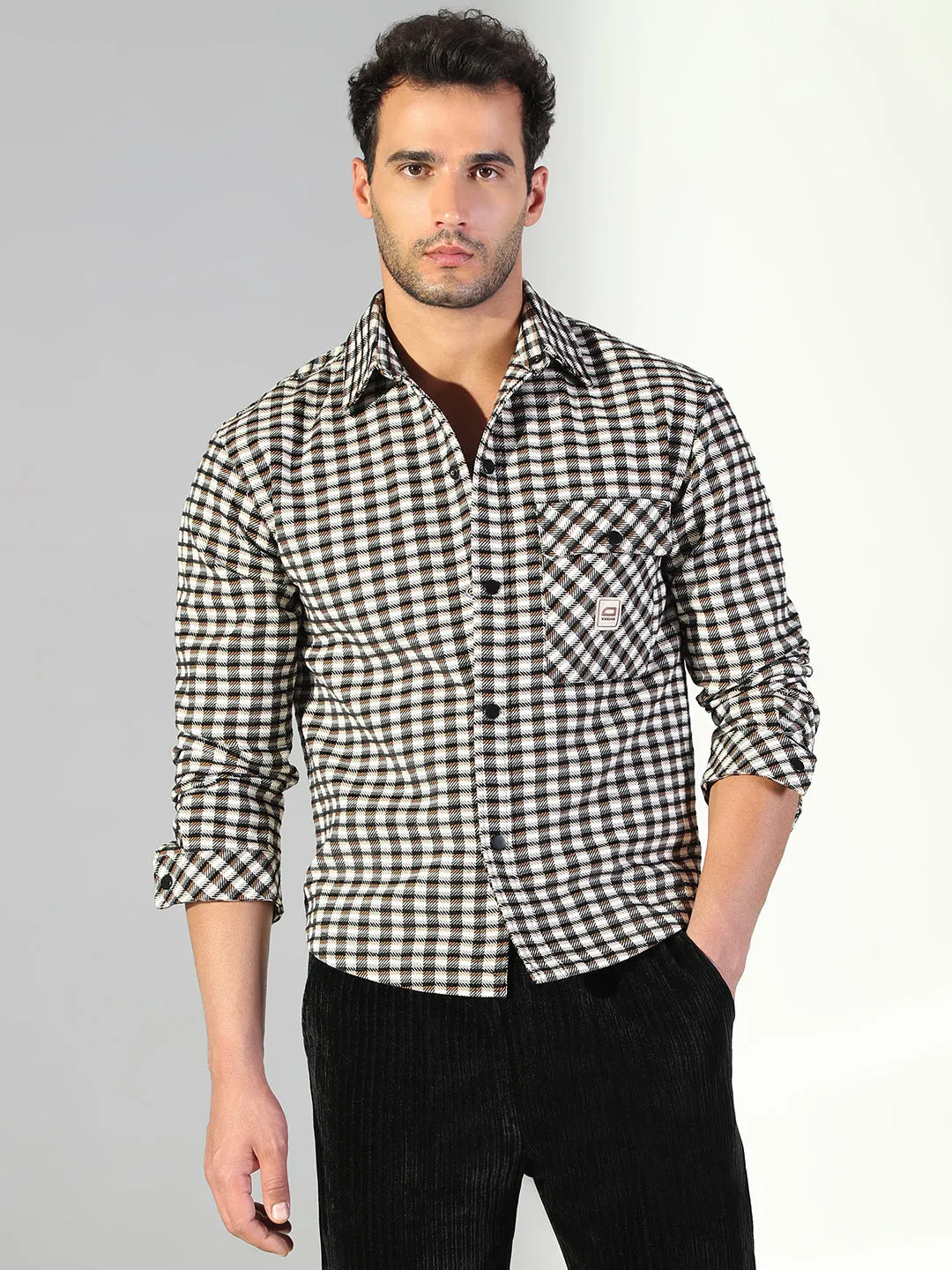 Men's Checked Brown Shacket with Single Pocket Urban Casual Look
