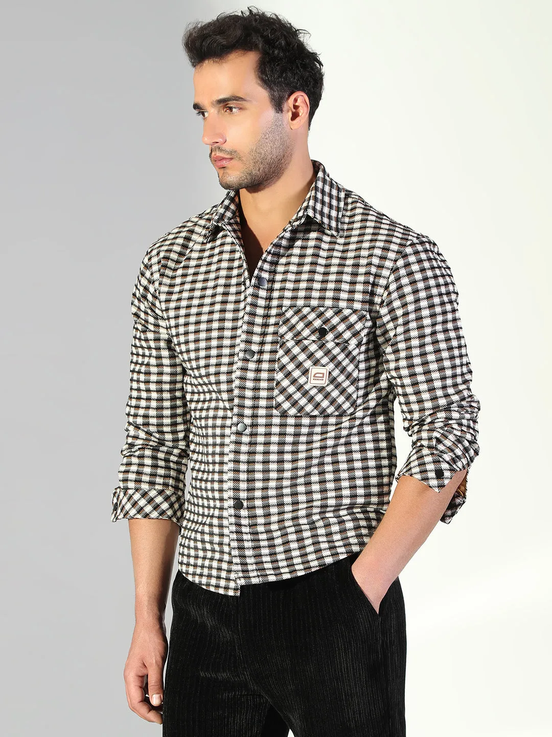 Essential Wear Men's Checked Brown Shacket with Single Pocket