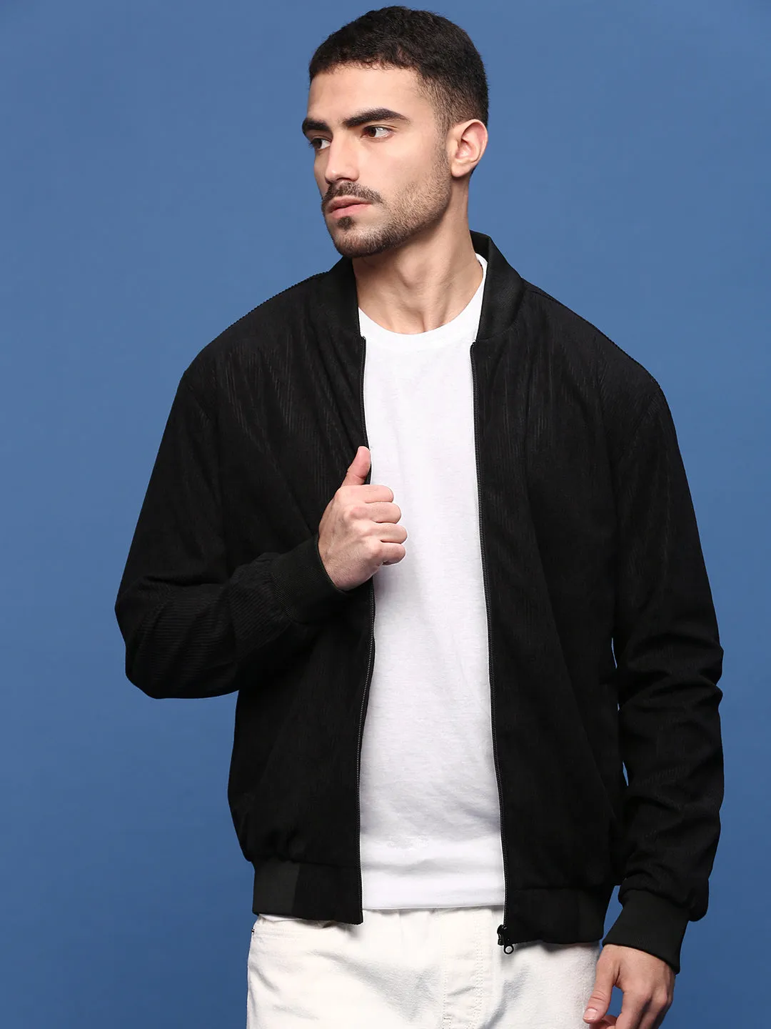 Eco Friendly Recycled Material Men's Black Corduroy Windcheater Bomber Jacket