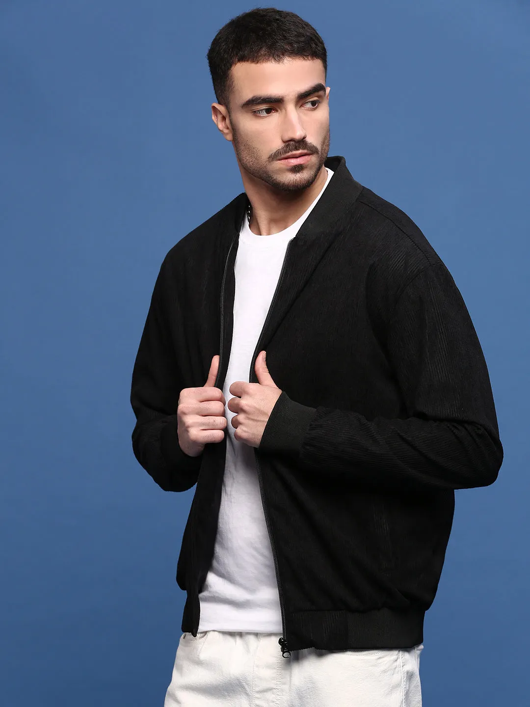 Simple Look Men's Black Corduroy Windcheater Bomber Jacket