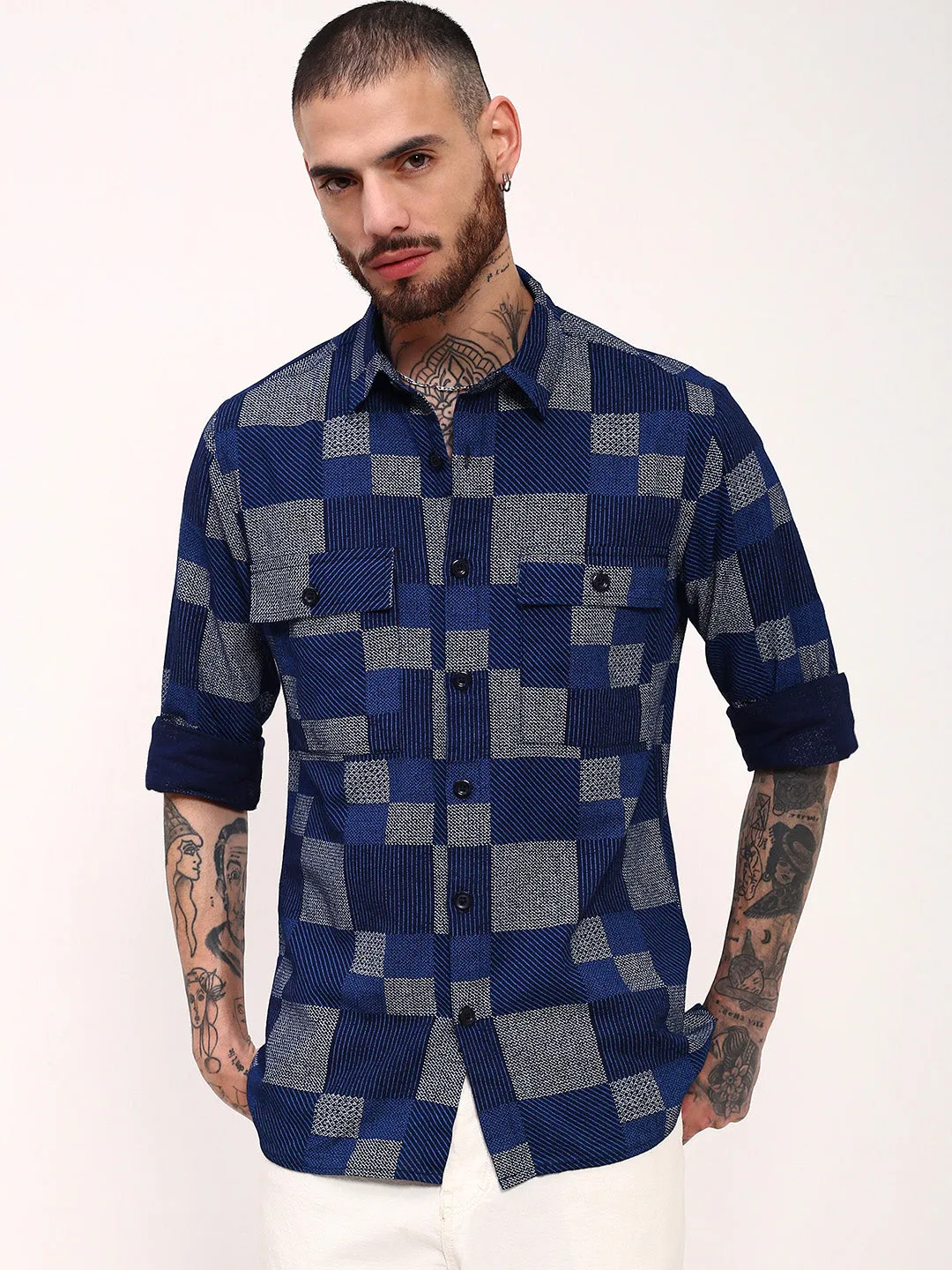 Comfort and Ease Men's Blue Geometric Shacket