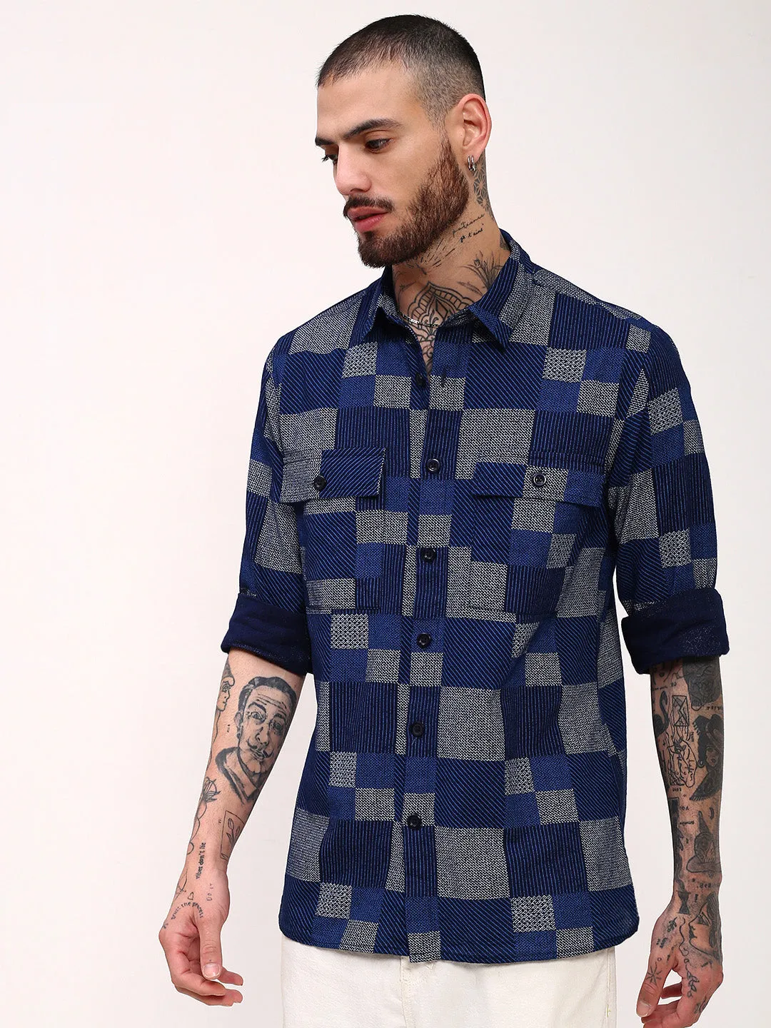 Men's Blue Geometric Shacket Active Layers