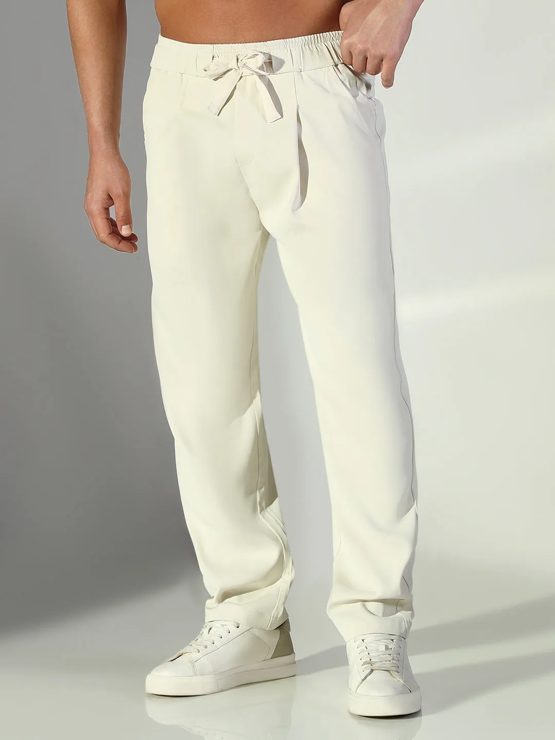 Men's Cream Solid Straight Fit Korean Trousers EcoFriendlyBlend AbrasionGuardTape