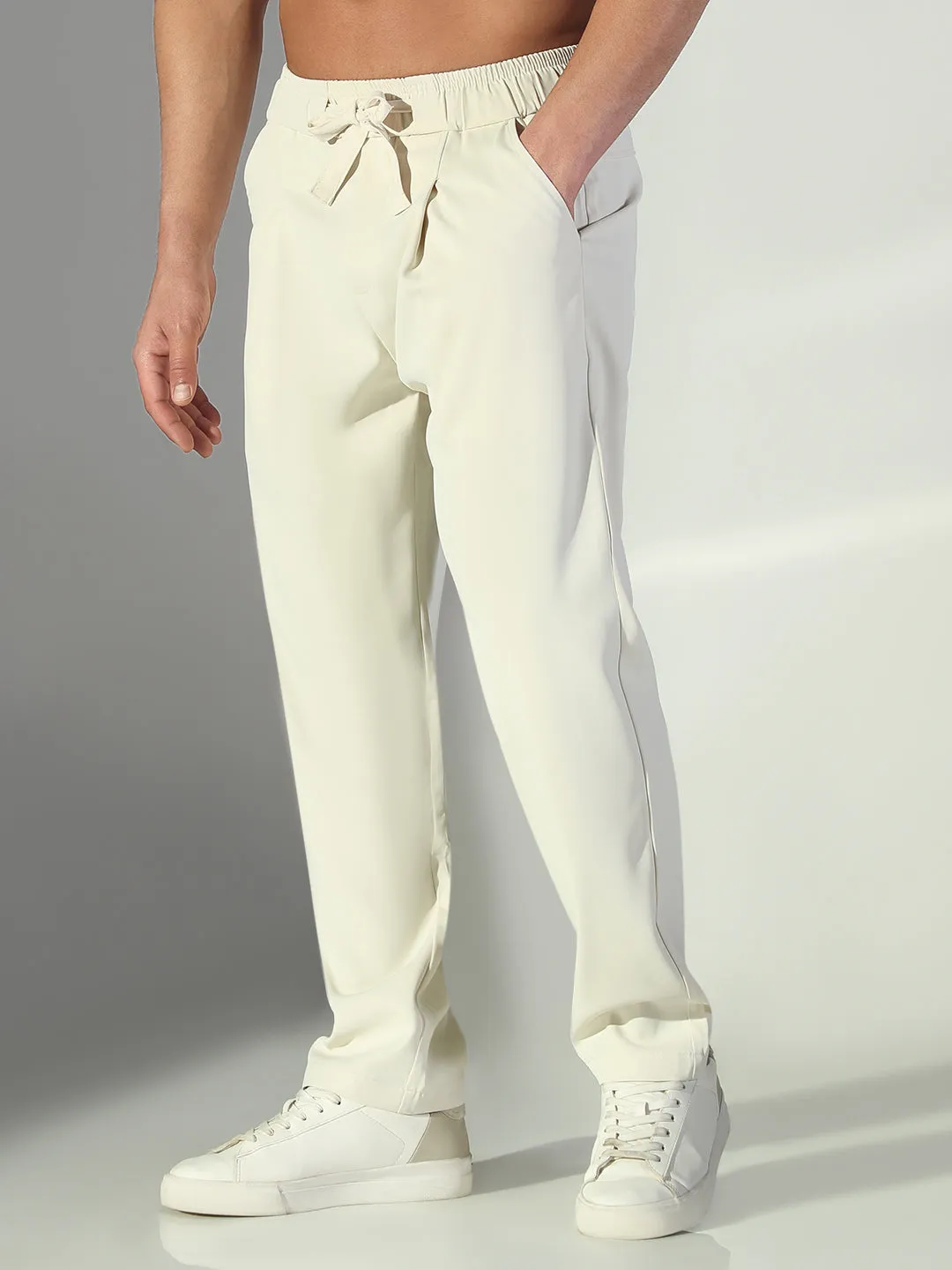 High Quality Material Flexible Use Men's Cream Solid Straight Fit Korean Trousers