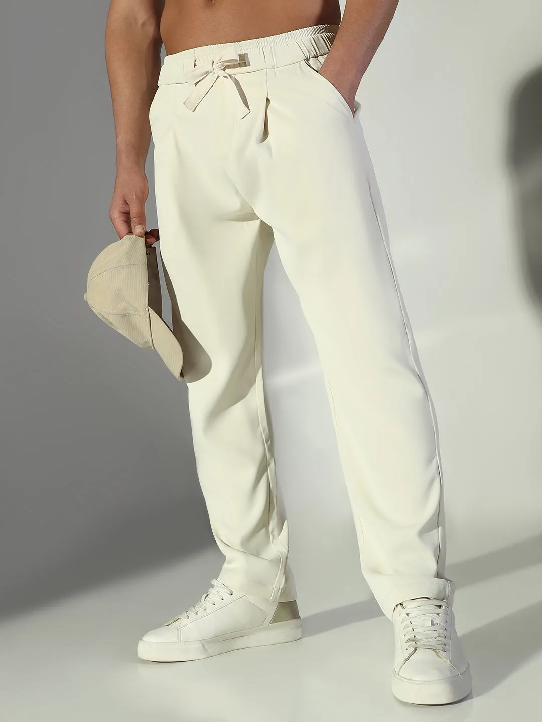 Travel Ready Fit Men's Cream Solid Straight Fit Korean Trousers