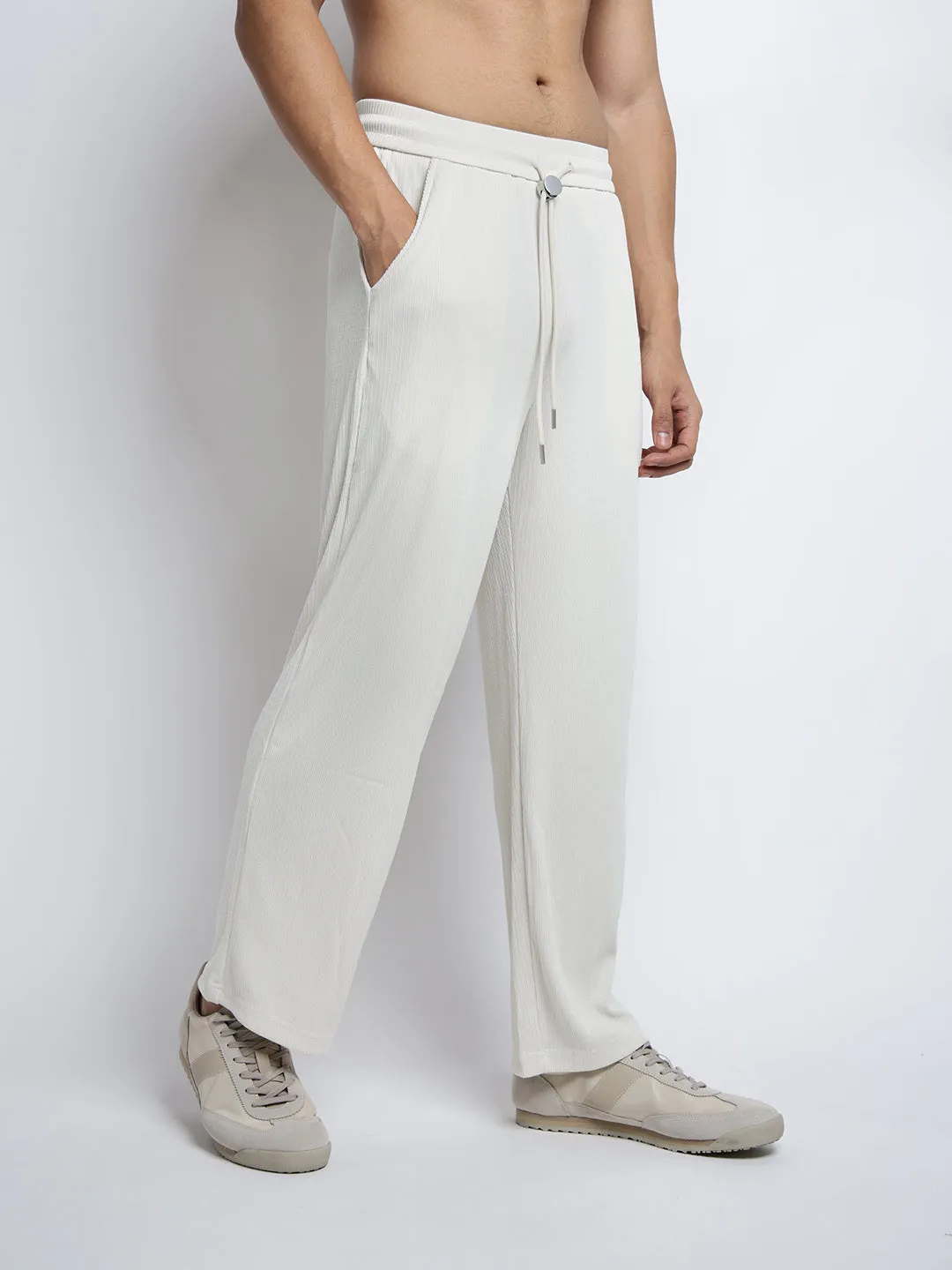 Soft Lines Men's Off White Relaxed Fit Trousers